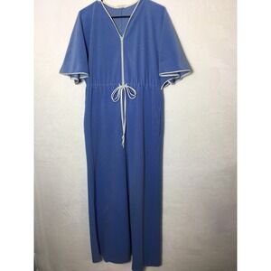 Vintage 70s Blue Womens Robe Drawstring Waist‎ Pockets Wing Sleeves Housecoat